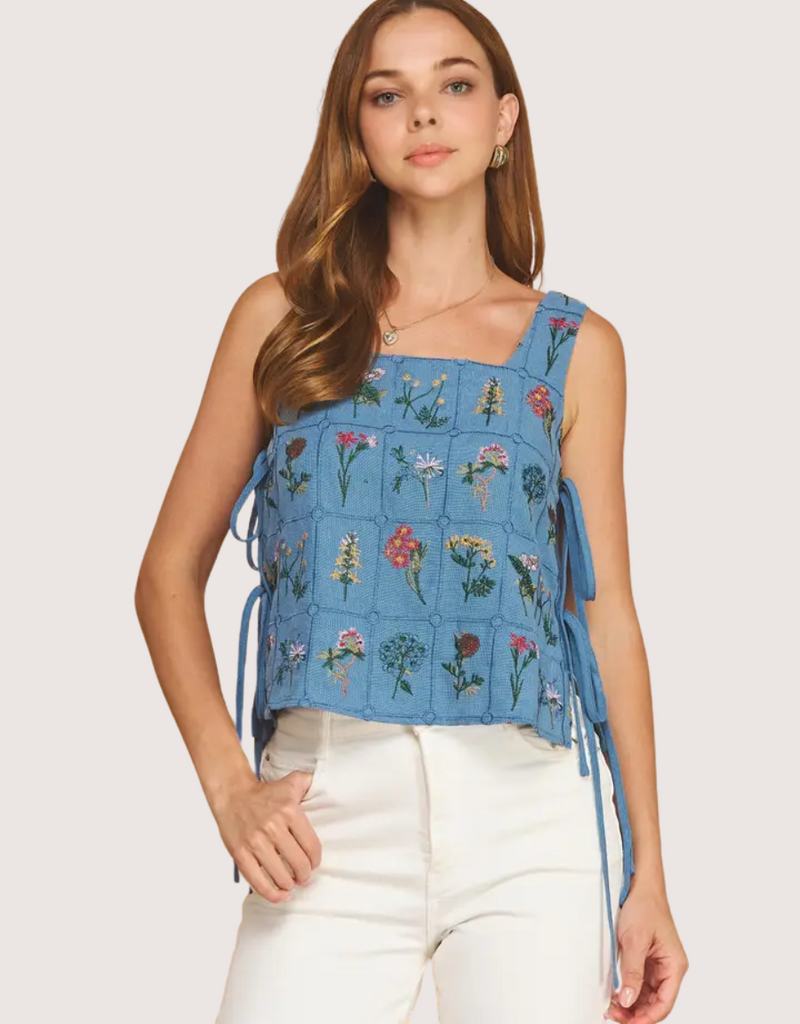 STRUT & BOLT Botanical Embroidered Sleeveless Side Tie Textured Top Denim Bl