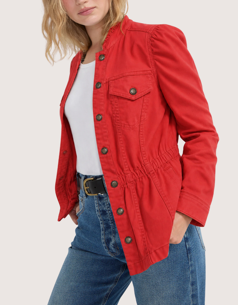 Liverpool Los Angeles puff slv trucker jacket w ruffle collar