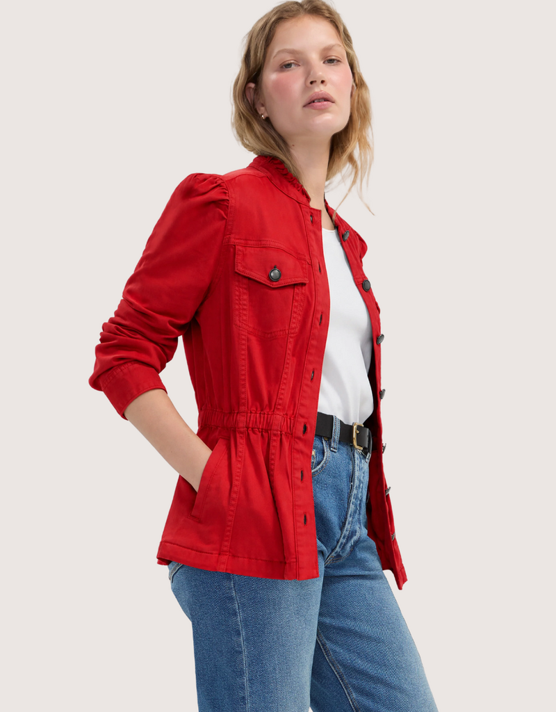 Liverpool Los Angeles puff slv trucker jacket w ruffle collar