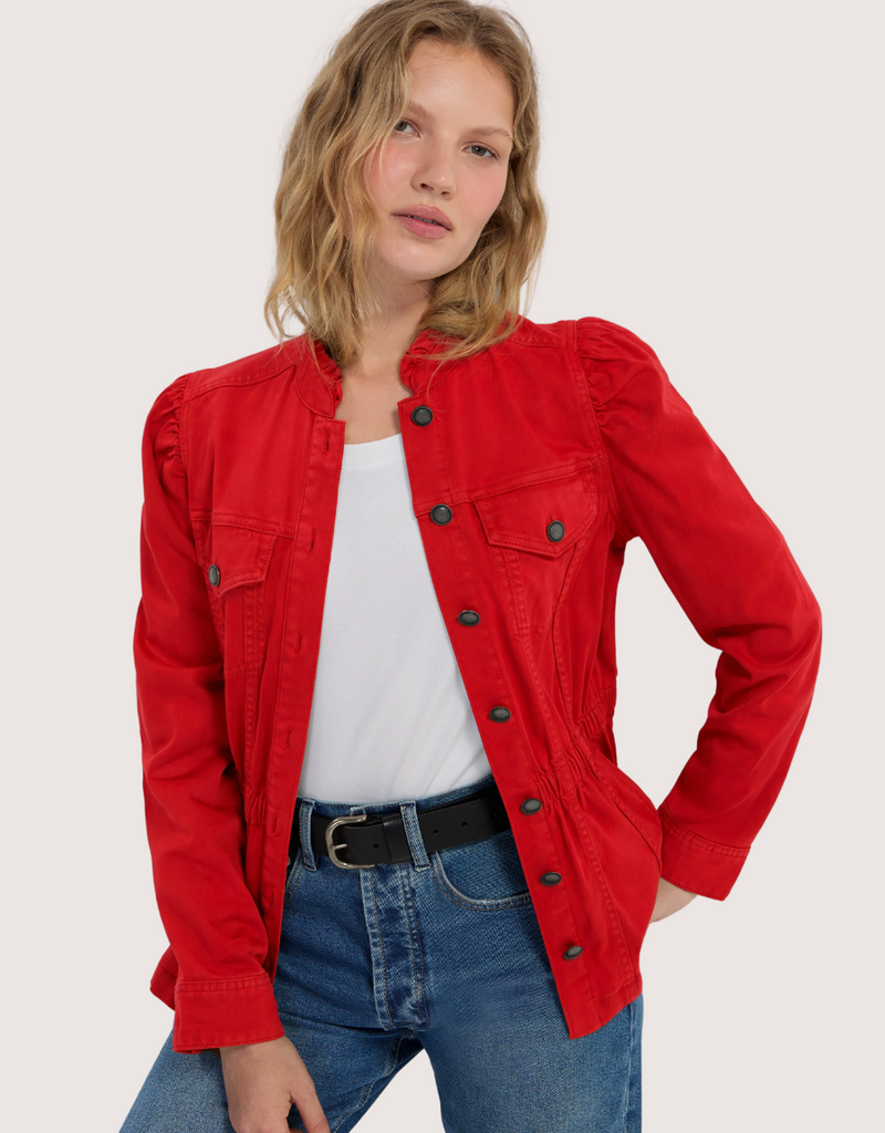 Liverpool Los Angeles puff slv trucker jacket w ruffle collar