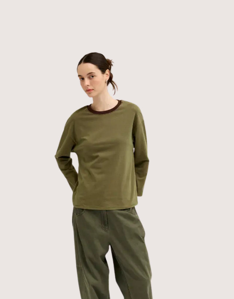GRADE & GATHER Long Sleeve Crew Neck Tee Green Brown