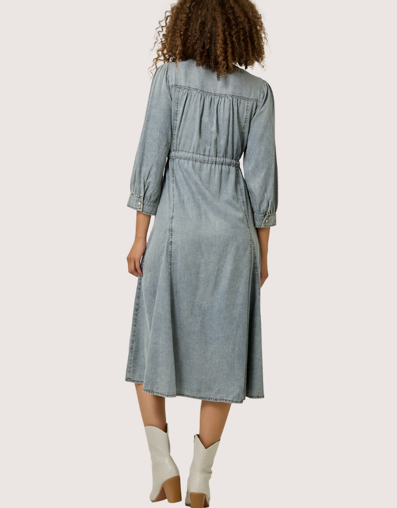 MYSTREE Washed Woven Waist Self Draw String  Midi Dress