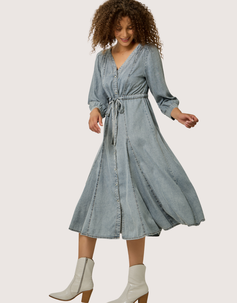 MYSTREE Washed Woven Waist Self Draw String  Midi Dress