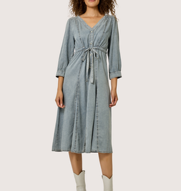 MYSTREE Washed Woven Waist Self Draw String  Midi Dress