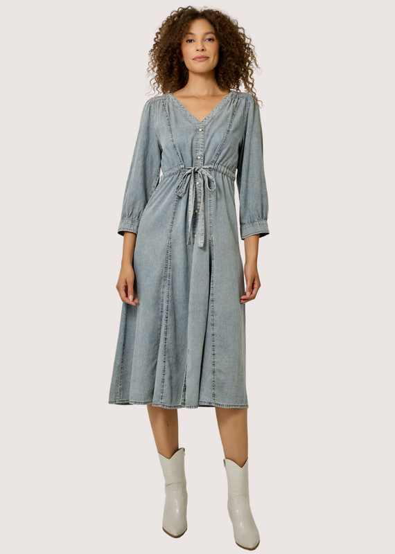 MYSTREE Washed Woven Waist Self Draw String  Midi Dress