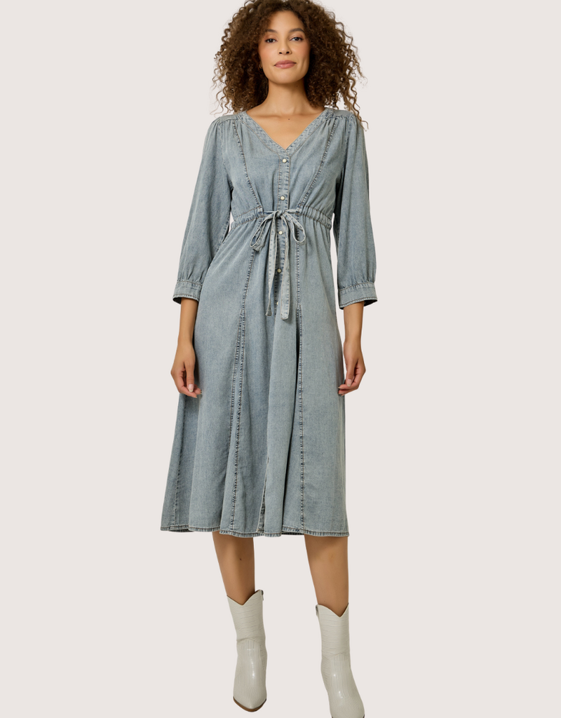 MYSTREE Washed Woven Waist Self Draw String  Midi Dress