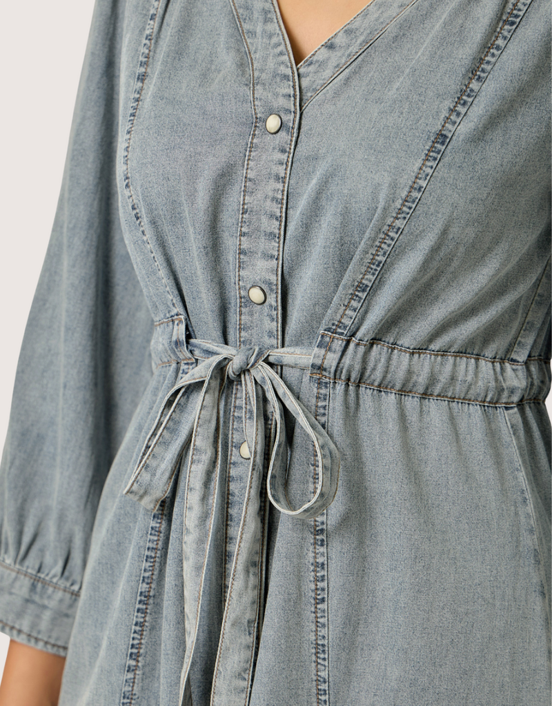 MYSTREE Washed Woven Waist Self Draw String  Midi Dress