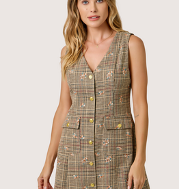 MYSTREE Embroidered Glen Vest Dress Oatmeal