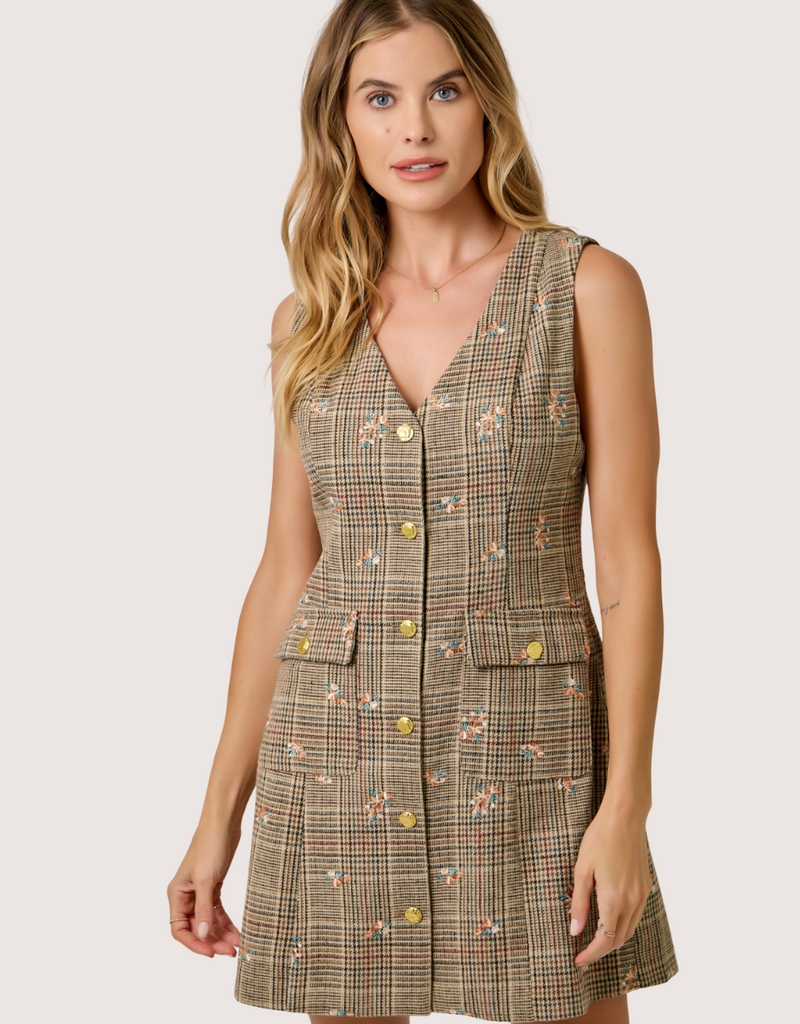 MYSTREE Embroidered Glen Vest Dress Oatmeal