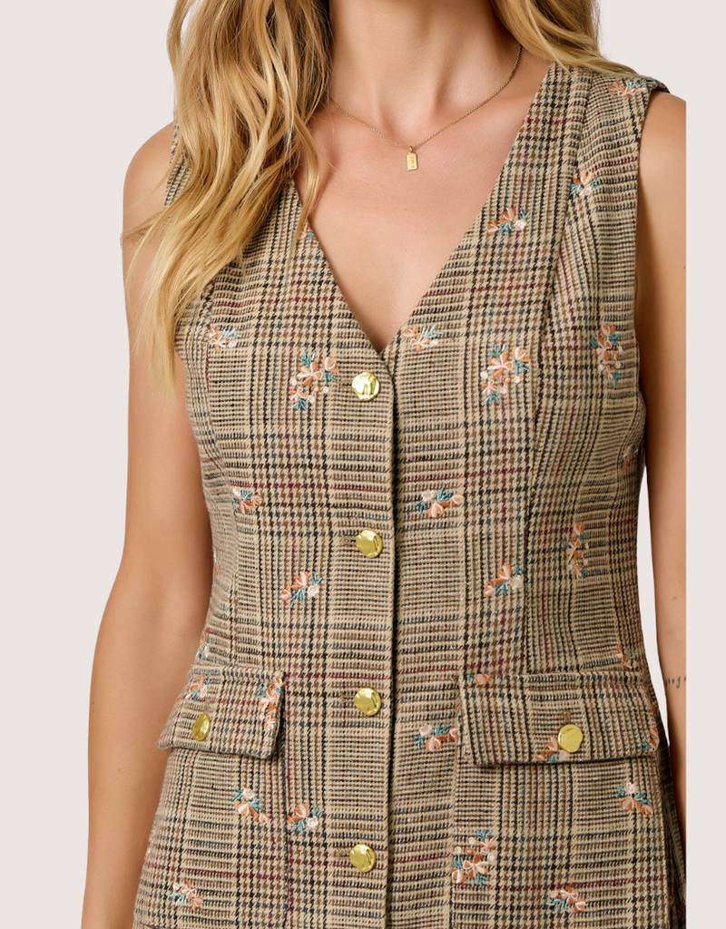 MYSTREE Embroidered Glen Vest Dress Oatmeal