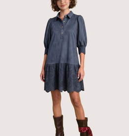 Navy Suede Drop Waist Dress with Eyelet Cutout Hem