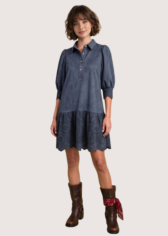 Navy Suede Drop Waist Dress with Eyelet Cutout Hem