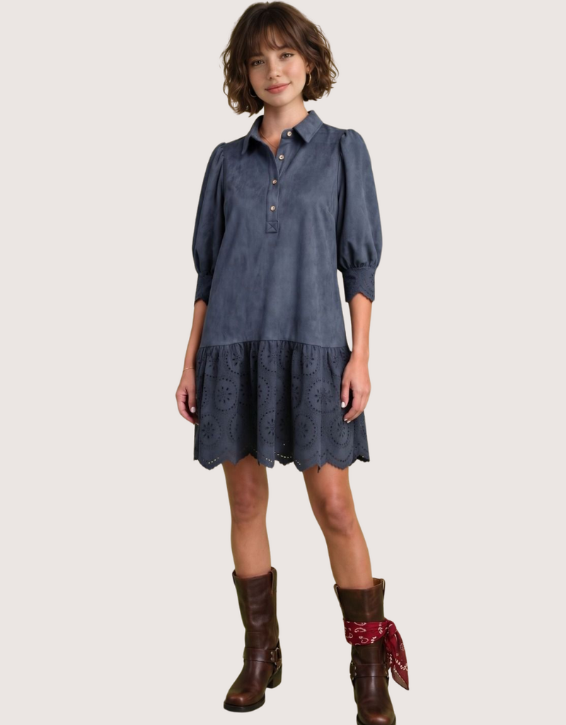 Navy Suede Drop Waist Dress with Eyelet Cutout Hem
