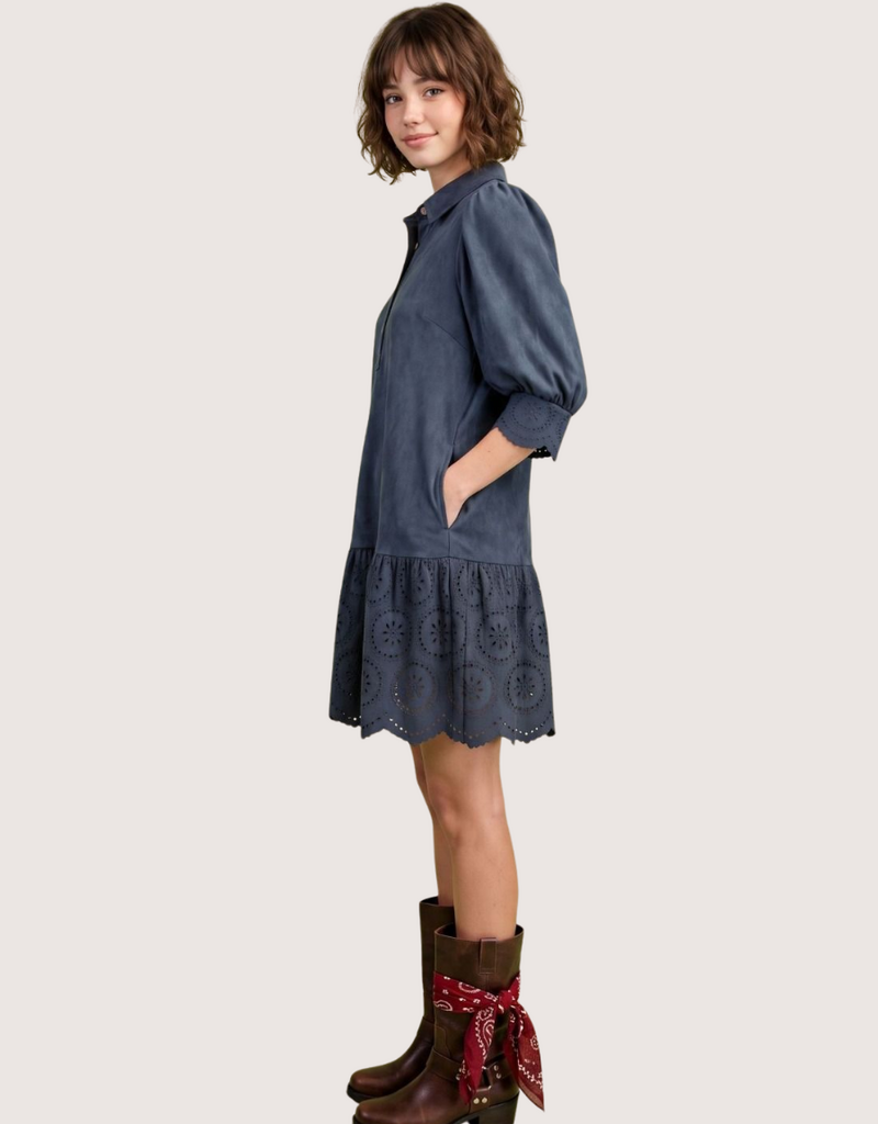 Navy Suede Drop Waist Dress with Eyelet Cutout Hem