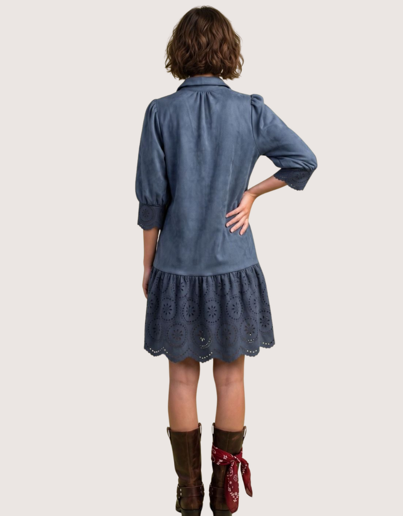 Navy Suede Drop Waist Dress with Eyelet Cutout Hem