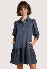 Navy Suede Drop Waist Dress with Eyelet Cutout Hem