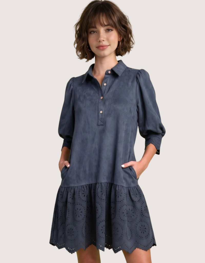 Navy Suede Drop Waist Dress with Eyelet Cutout Hem