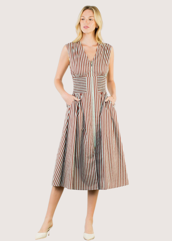 THML Brown Zip Front Abstract Pattern Midi Dress