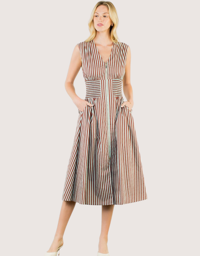 THML Brown Zip Front Abstract Pattern Midi Dress