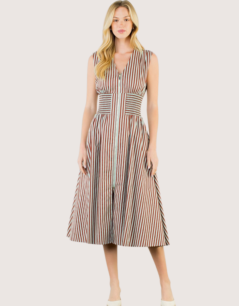 THML Brown Zip Front Abstract Pattern Midi Dress
