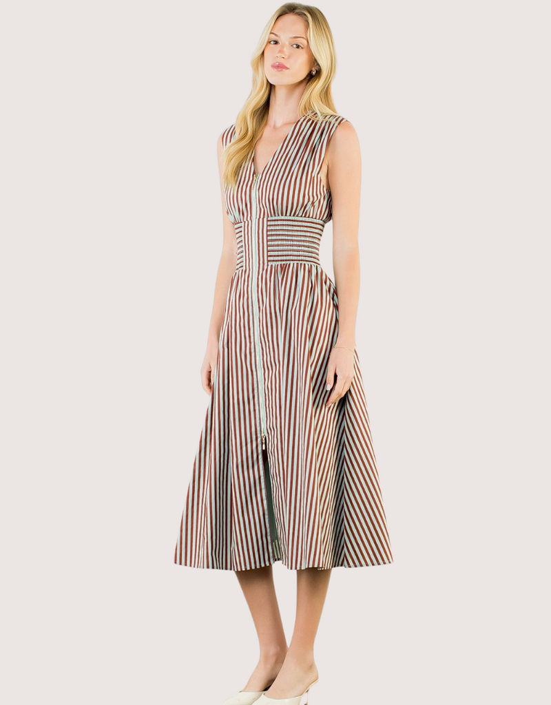 THML Brown Zip Front Abstract Pattern Midi Dress