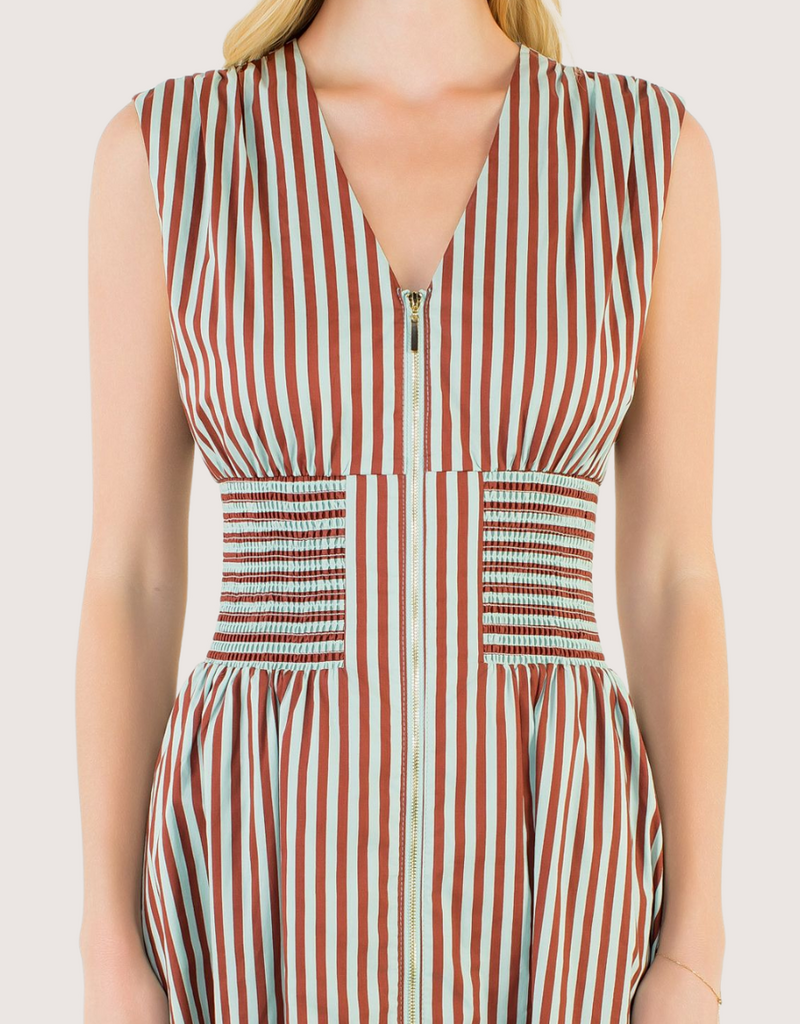 THML Brown Zip Front Abstract Pattern Midi Dress