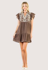 THML Embroidered Brown Flutter Sleeve Dress