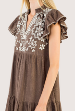 THML Embroidered Brown Flutter Sleeve Dress