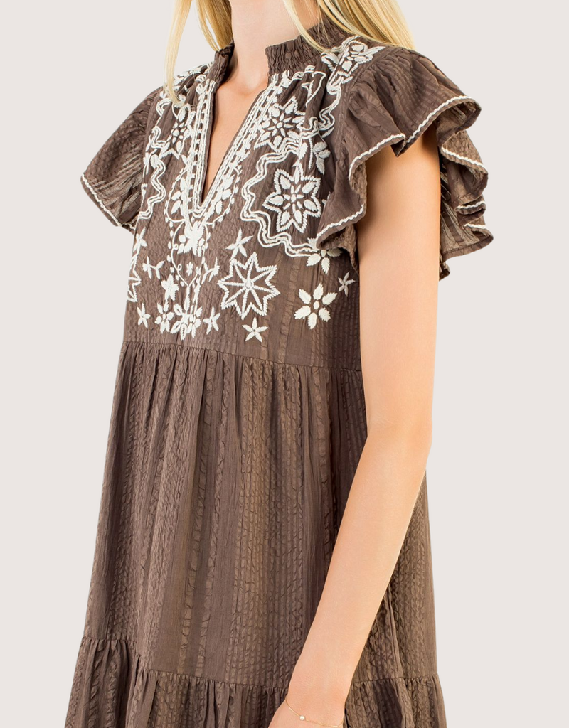 THML Embroidered Brown Flutter Sleeve Dress