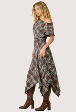 MYSTREE Asymmetrical Frayed Hem Flannel Midi Skirt Wine and Teal