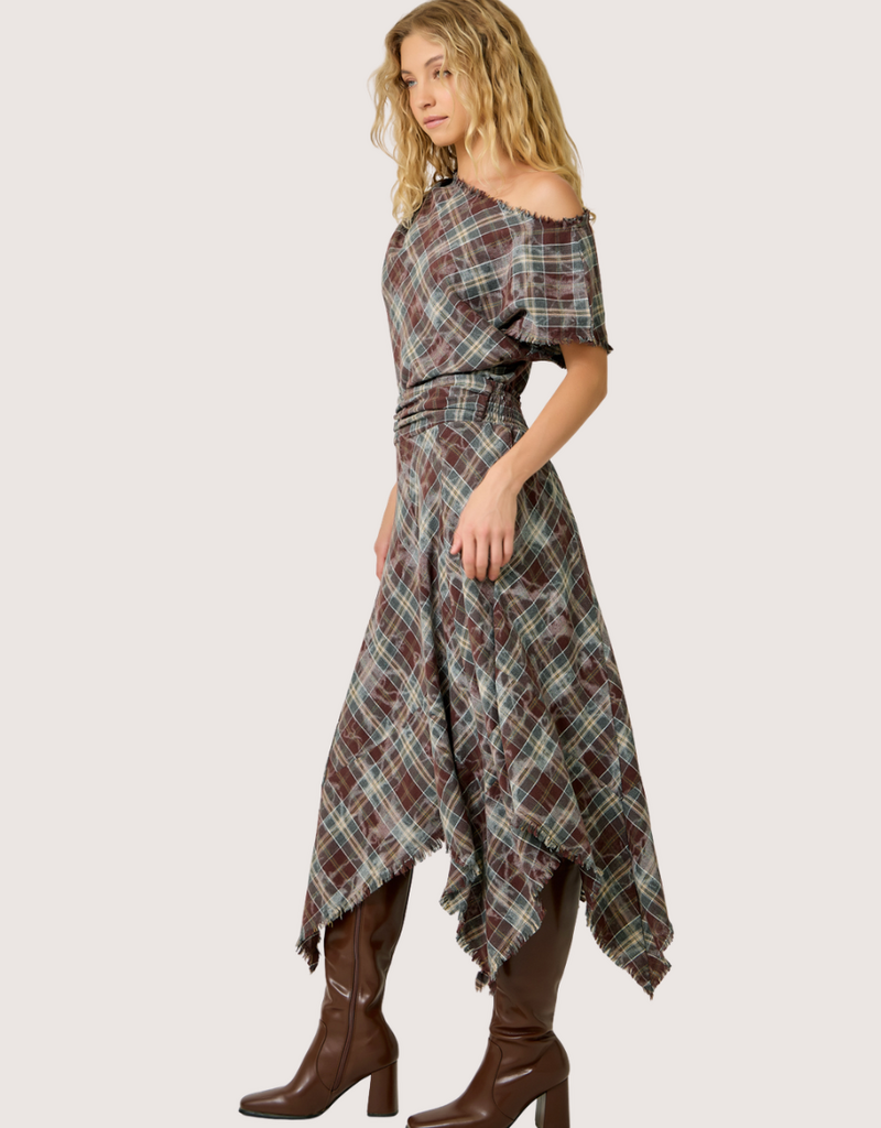 MYSTREE Asymmetrical Frayed Hem Flannel Midi Skirt Wine and Teal