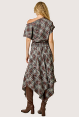 MYSTREE Asymmetrical Frayed Hem Flannel Midi Skirt Wine and Teal