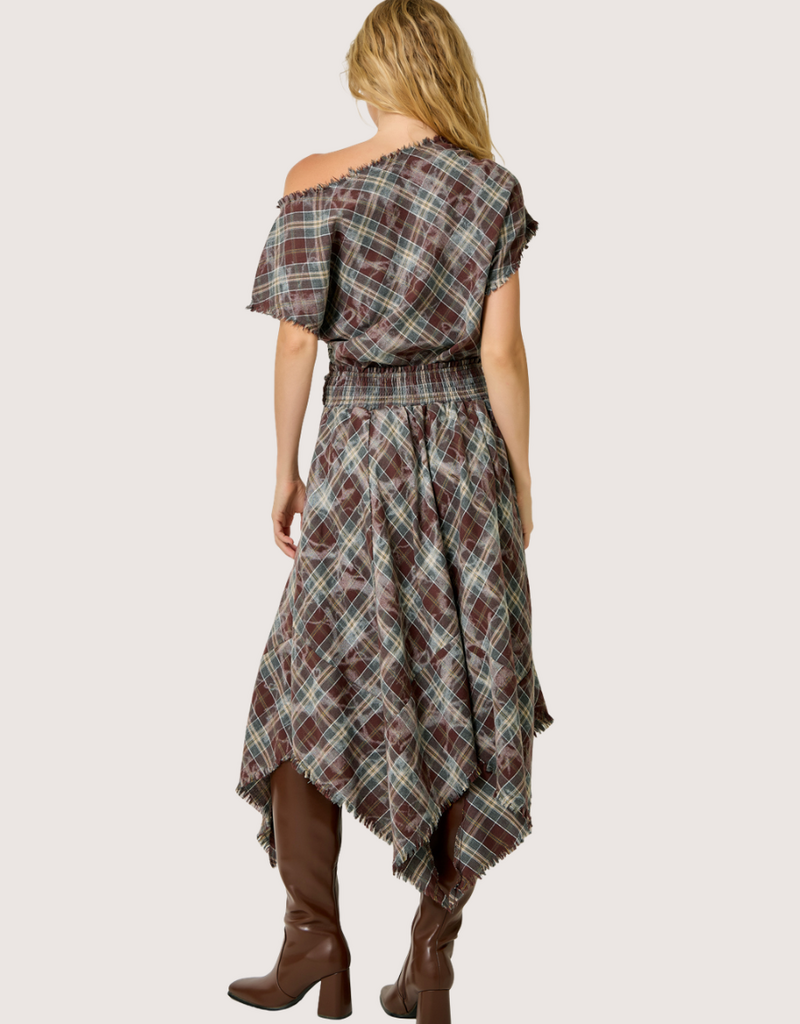 MYSTREE Asymmetrical Frayed Hem Flannel Midi Skirt Wine and Teal