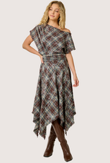 MYSTREE Asymmetrical Frayed Hem Flannel Midi Skirt Wine and Teal