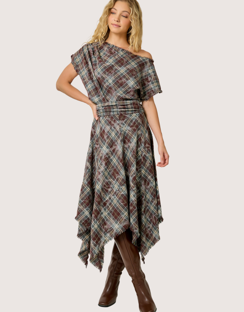 MYSTREE Asymmetrical Frayed Hem Flannel Midi Skirt Wine and Teal