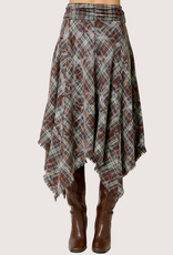 MYSTREE Asymmetrical Frayed Hem Flannel Midi Skirt Wine and Teal