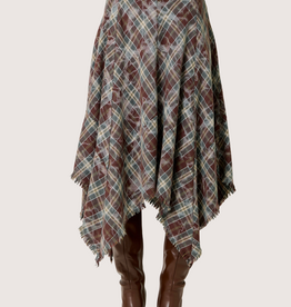 MYSTREE Asymmetrical Frayed Hem Flannel Midi Skirt Wine and Teal