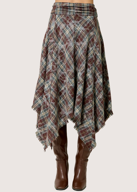 MYSTREE Asymmetrical Frayed Hem Flannel Midi Skirt Wine and Teal