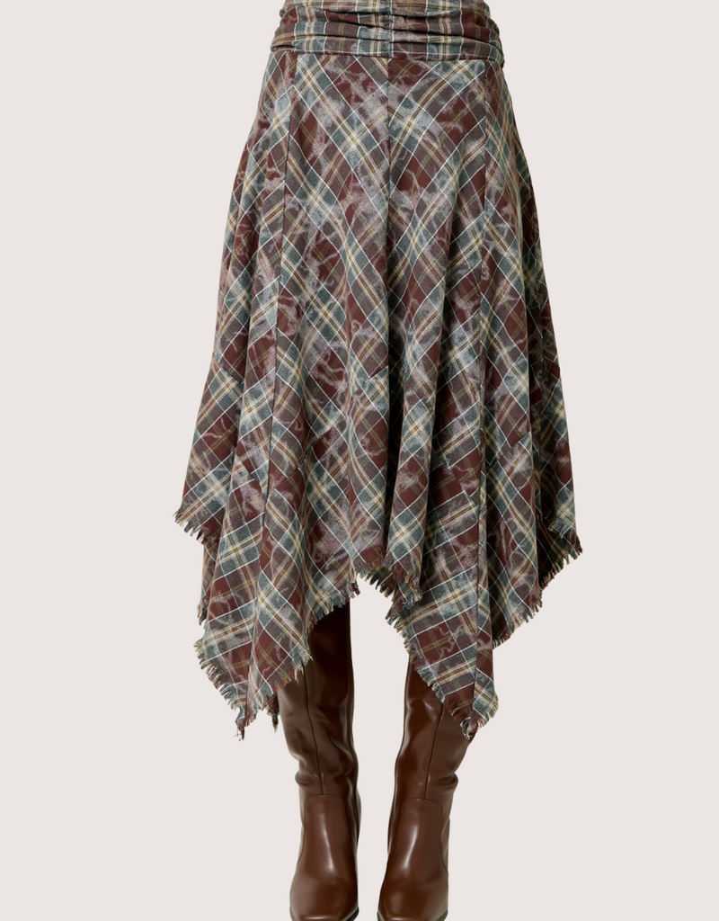 MYSTREE Asymmetrical Frayed Hem Flannel Midi Skirt Wine and Teal