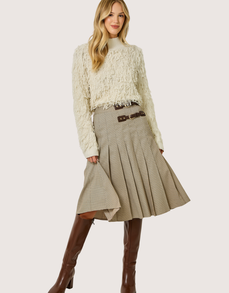 MYSTREE Pleated Checket Long Skirt Oatmeal Beige