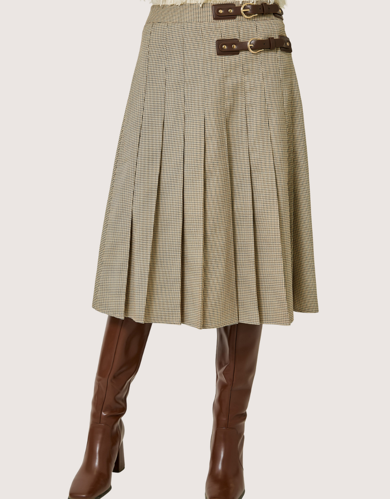 MYSTREE Pleated Checket Long Skirt Oatmeal Beige