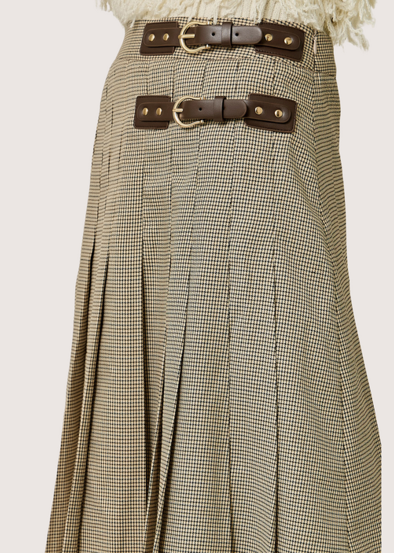 MYSTREE Pleated Checket Long Skirt Oatmeal Beige