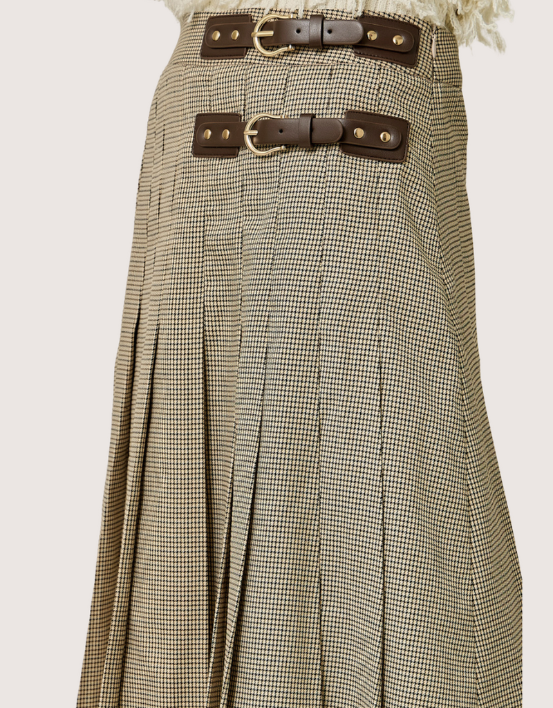 MYSTREE Pleated Checket Long Skirt Oatmeal Beige