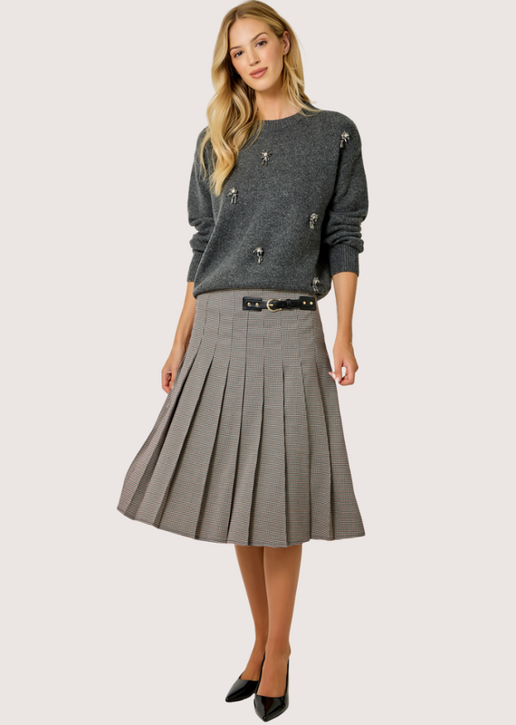 MYSTREE Pleated Checket Long Skirt Navy/Wine