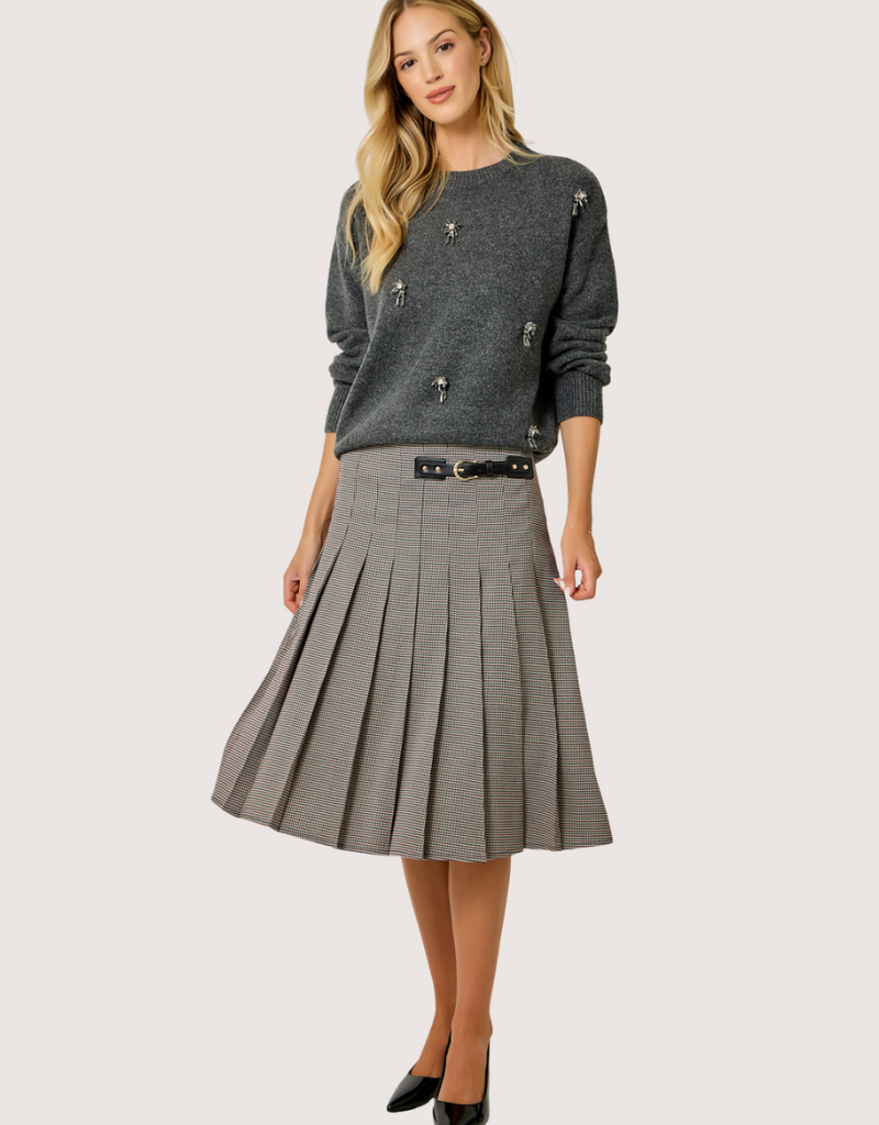 MYSTREE Pleated Checket Long Skirt Navy/Wine