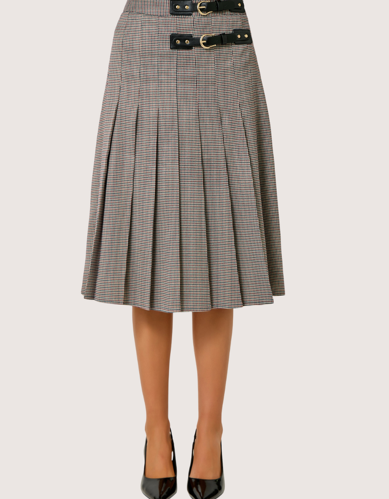 MYSTREE Pleated Checket Long Skirt Navy/Wine