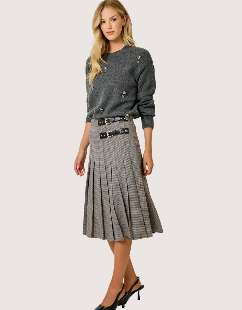 MYSTREE Pleated Checket Long Skirt Navy/Wine