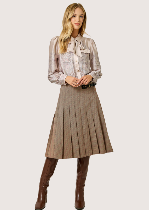 MYSTREE Pleated Checket Long Skirt Light Brick
