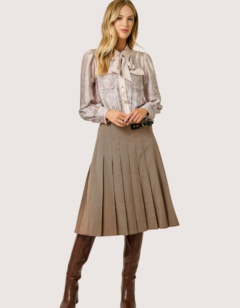 MYSTREE Pleated Checket Long Skirt Light Brick