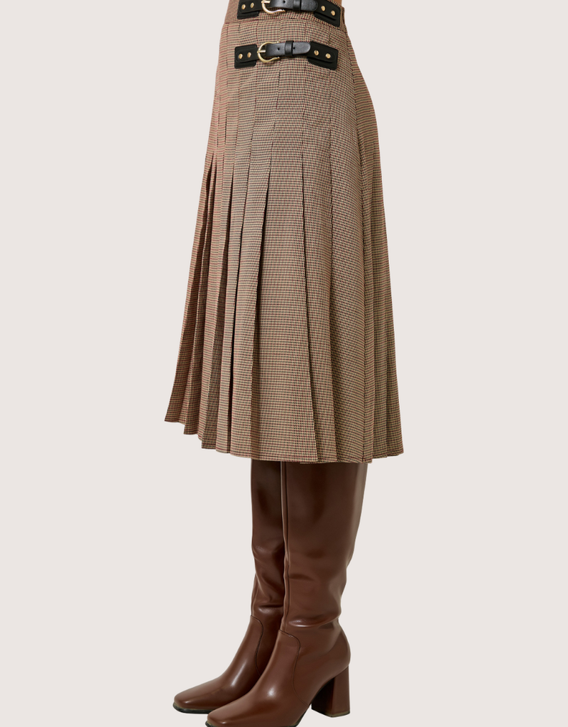 MYSTREE Pleated Checket Long Skirt Light Brick